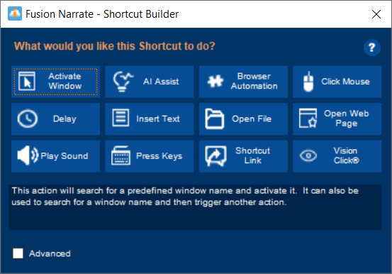 Fusion Narrate Shortcut Builder